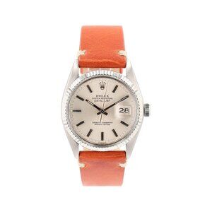 Rolex Datejust 16014 36mm Silver Index-Fatboy Dial Fluted Bezel Orange Leather